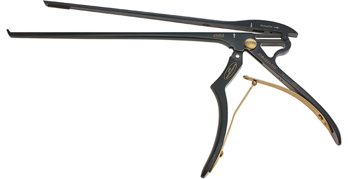 Ceramic Cut Micro Kerrison Rongeur, Thin Footplates, Black Ceramic Coat, Small Handles, 9.0 Mm Opening, 40 Degree Up, 1.0 Mm Bite, 11" (27.9 Cm)